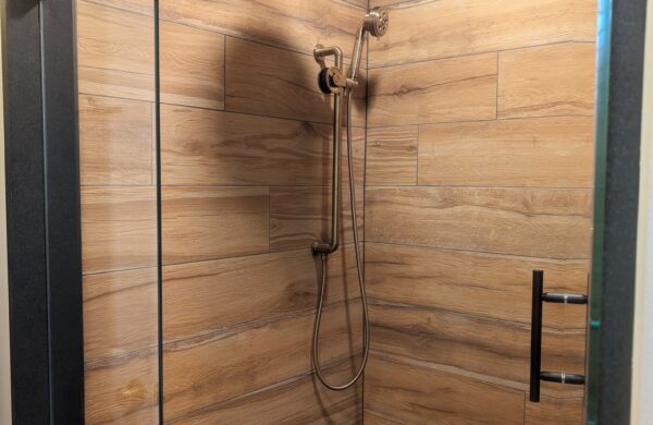Wood look porcelain shower